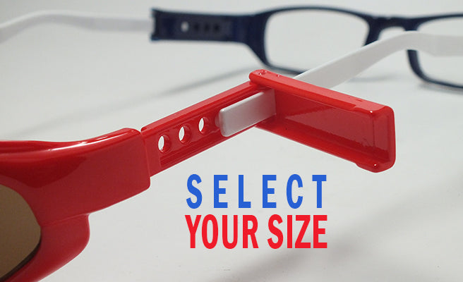 Close up of sizing mechanism for the perfect fit of 101 Dual Eye glasses on your head.