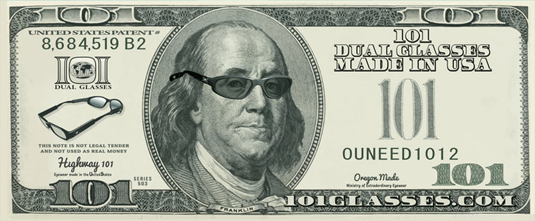 Parody image of Ben Franklin, the inventor of glasses, wearing a pair of 101s on a 101 dollar bill.