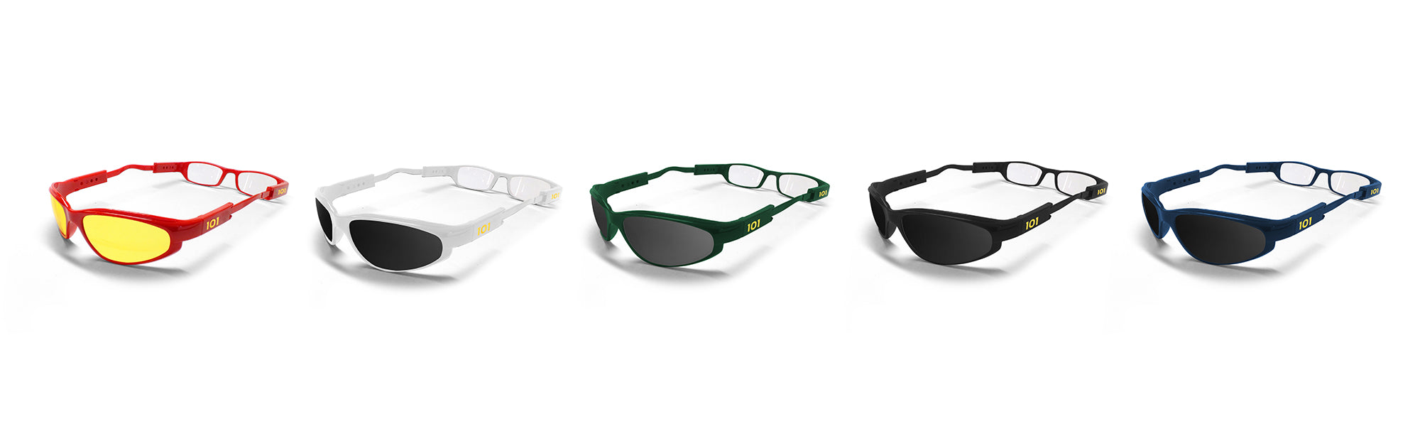 Photo of all 5 Dual Eyewear Frame colors Red, White, Green, Black, and Blue Frames.