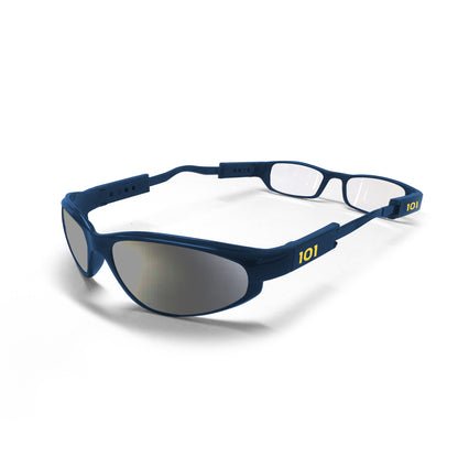 A pair of blue-framed dual eyewear sunglasses with dual lens functionality, featuring a built-in reader lens for vision correction.