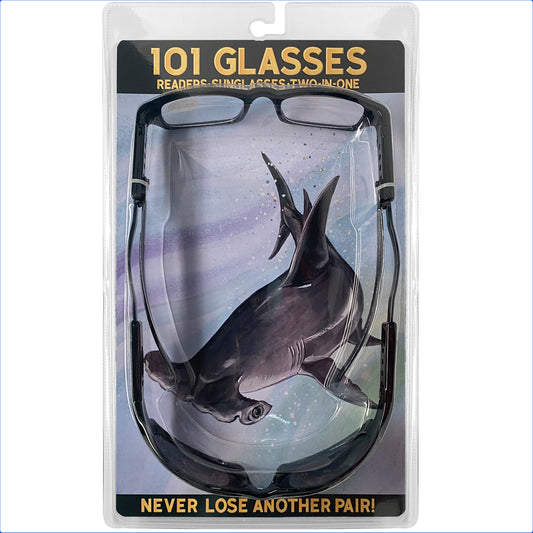 Black 101 Glasses dual lens reader sunglasses in retail packaging with hammerhead shark artwork