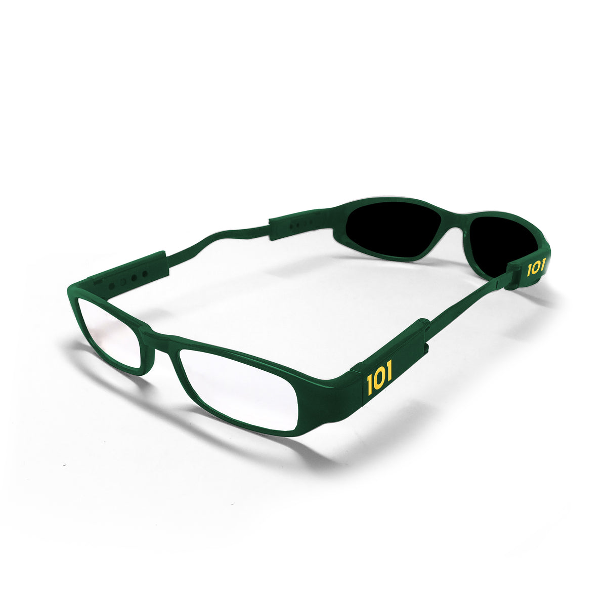 Alternate view of Green Gator dual lens glasses with clear reader lenses at one end and black lenses at the other.