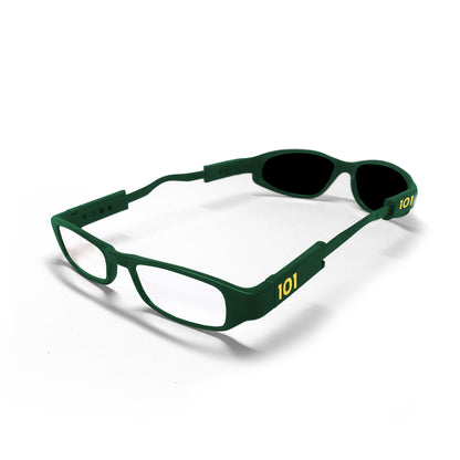 Alternate view of Green Gator dual lens glasses with clear reader lenses at one end and black lenses at the other.