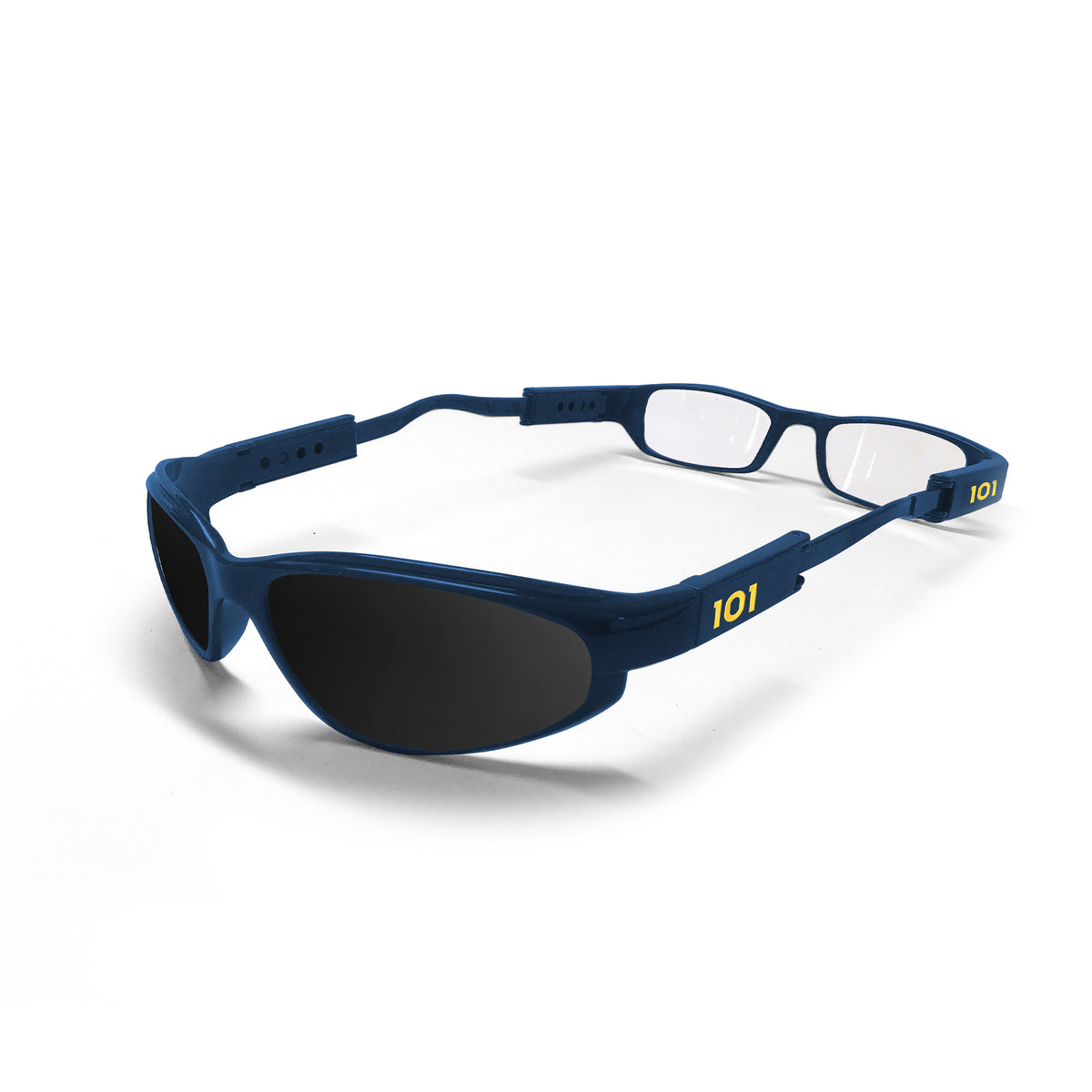 Blue Marlin dual lens glasses with clear reader lenses at one end and black lenses at the other.