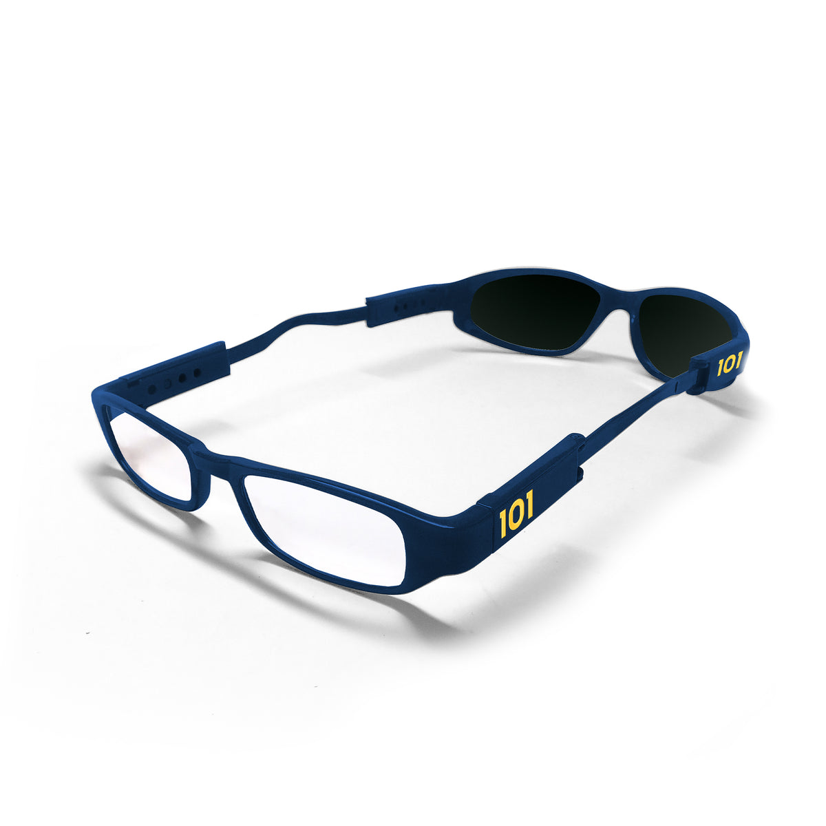 Blue Marlin dual lens glasses with clear reader lenses at one end and grey sunglass lenses at the other.