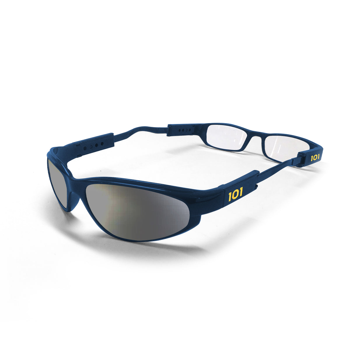Blue Marlin dual lens glasses with clear reader lenses at one end and mirrored sunglass lenses at the other.