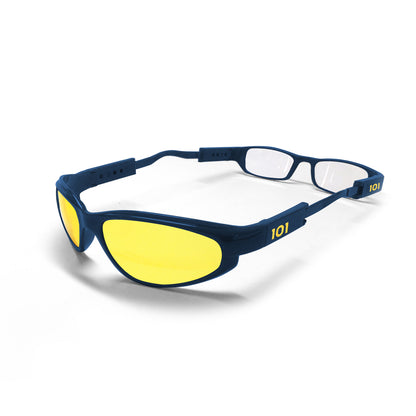 Blue Marlin dual ended glasses with clear reader lenses at one end and yellow lenses at the other alternate view