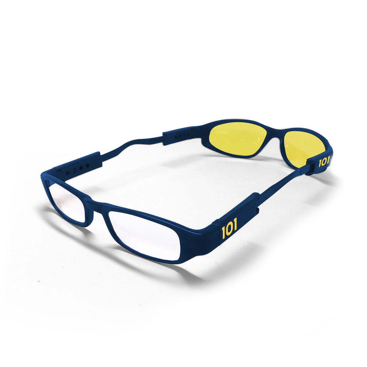 Blue Marlin dual lens glasses with clear reader lenses at one end and yellow lenses at the other.