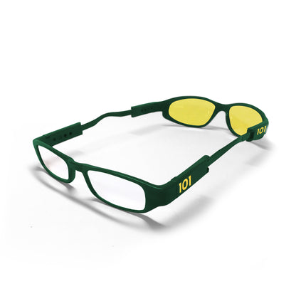 Green Gator dual lens glasses with yellow lenses on one end and clear reader lenses at other end