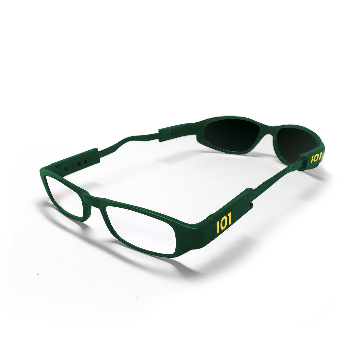 Alternate view of Green Gator dual lens glasses with clear reader lenses at one end and dark grey lenses at the other.