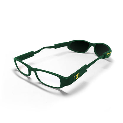 Alternate view of Green Gator dual lens glasses with clear reader lenses at one end and dark grey lenses at the other.