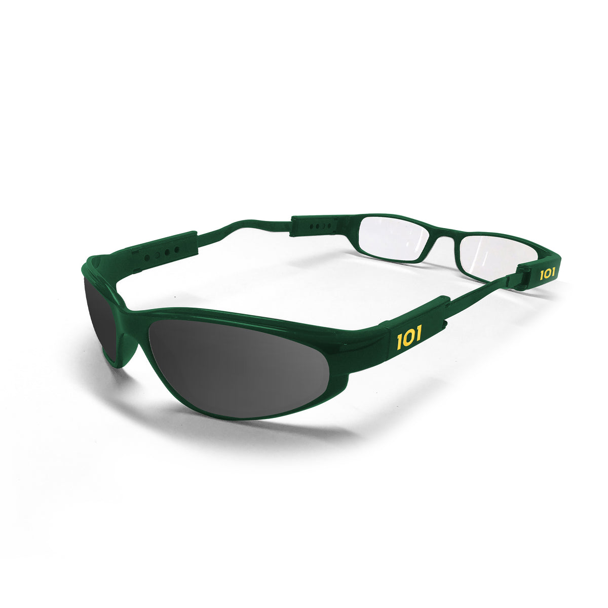 Green Gator dual lens glasses with clear reader lenses at one end and black lenses at the other.