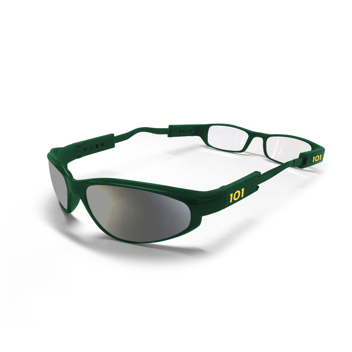 Green Gator dual lens glasses with clear reader lenses at one end and mirrored lenses at the other.