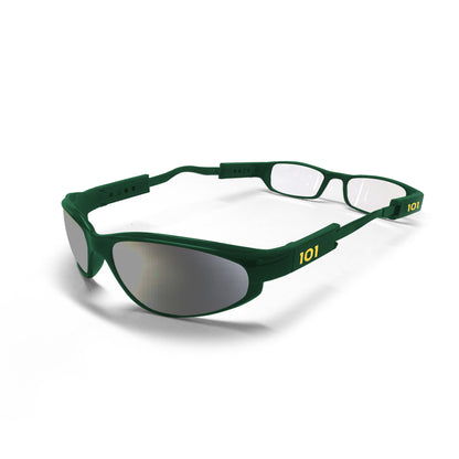 Green Gator dual lens glasses with clear reader lenses at one end and mirrored lenses at the other.