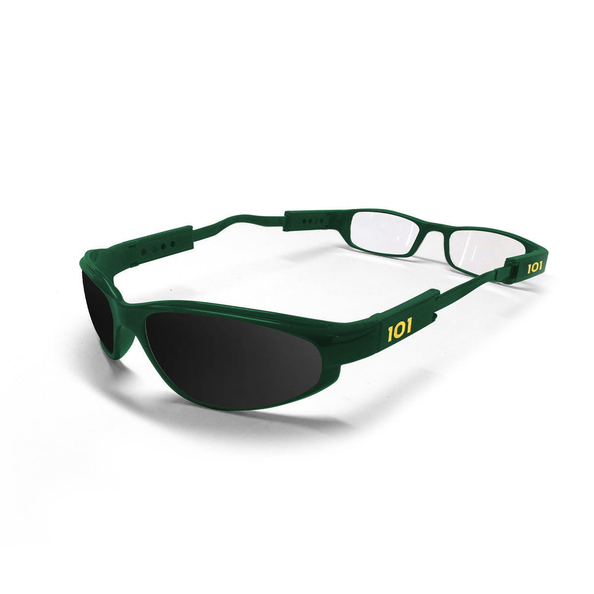 Alternate view of Green Gator dual lens glasses with clear reader lenses at one end and dark lenses at the other.
